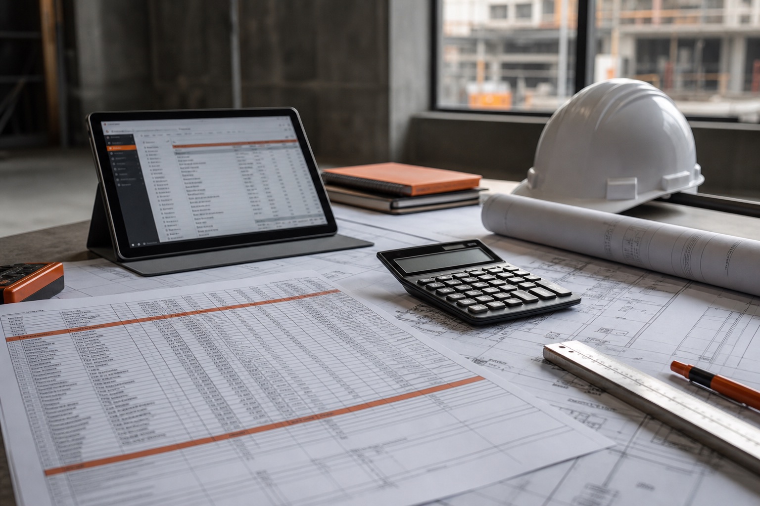 Engineer reviewing construction drawings and quantities at a project site